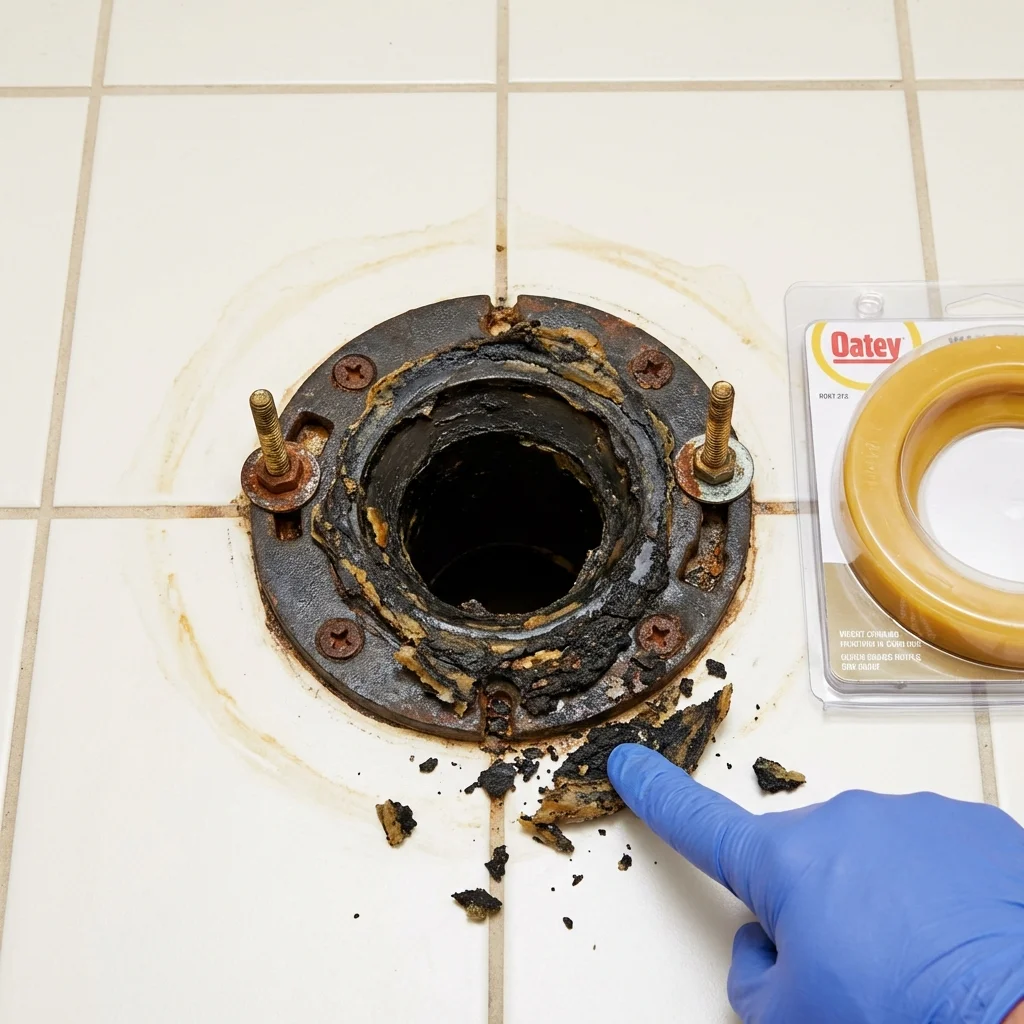 Failed wax ring showing water seepage at the base of a toilet in a Lunenburg, VA home