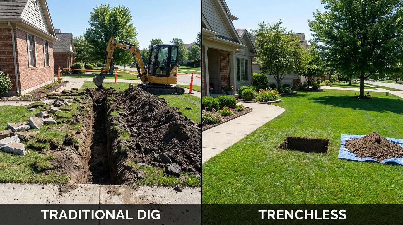 Trenchless sewer repair with minimal yard damage versus traditional excavation in Lunenburg, VA