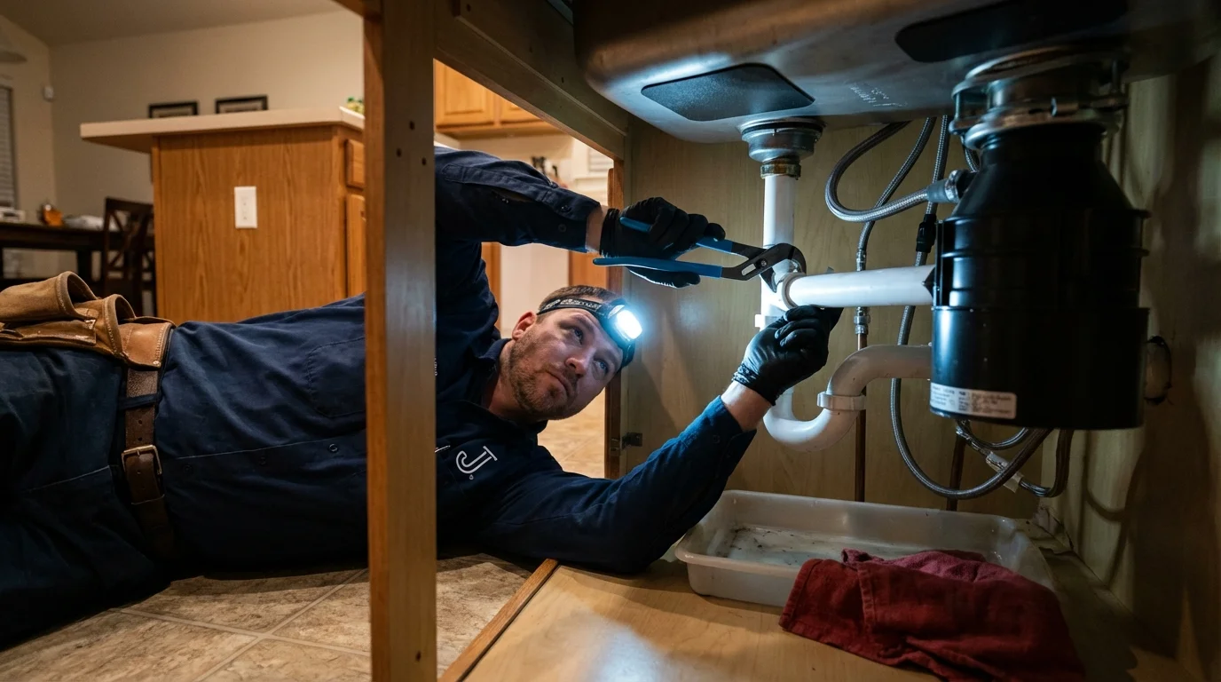P-trap and supply line connections under a kitchen sink showing a common leak point in Lunenburg, VA